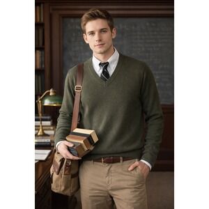 Eddie Bauer Men's M Cotton Cashmere V-Neck Sweater Olive Green Classic Layering